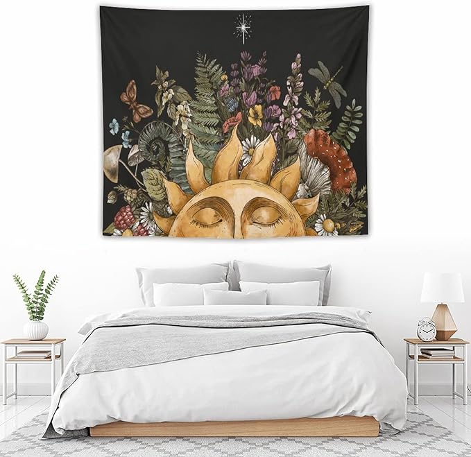Vintage Sun Tapestry Wall Hanging,Hippie Boho Mushroom Floral Plant Tapestries for College Dorm Living Room Bedroom Decor(50"x60")
