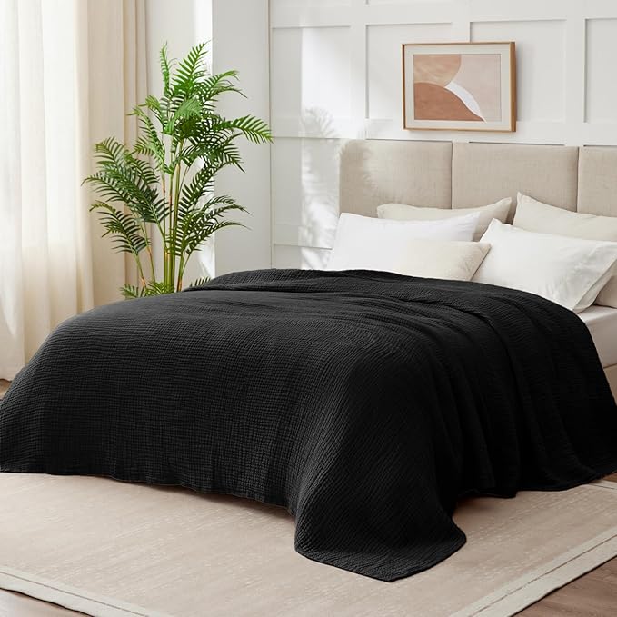 100% Cotton Muslin Blanket Large 50"x 70", 6 Layers Breathable and Lightweight Cotton Throw Blankets for Couch, Soft Cooling Summer Gauze Blanket for Adults All Season, Black