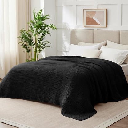 100% Cotton Muslin Blanket Queen 90" x 90", 6 Layers Breathable and Lightweight Cotton Throw Blankets for Bed, Soft Cooling Summer Gauze Blanket for Adults All Season, Black