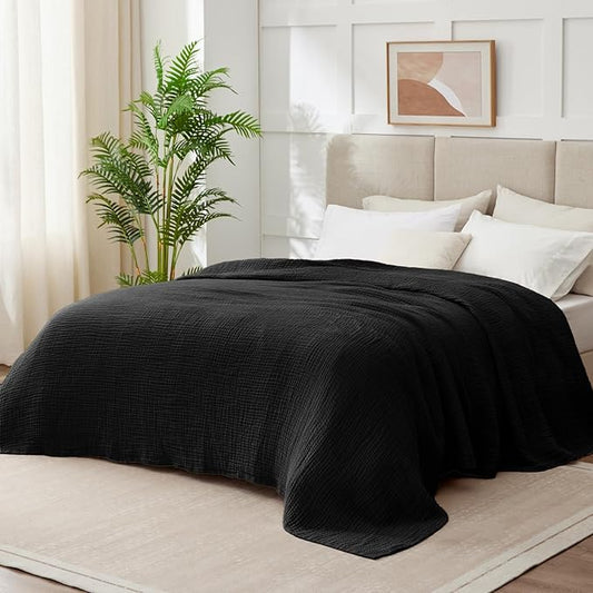 100% Cotton Muslin Blanket Queen 90" x 90", 6 Layers Breathable and Lightweight Cotton Throw Blankets for Bed, Soft Cooling Summer Gauze Blanket for Adults All Season, Black