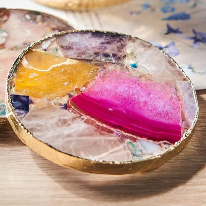 Rainbow Agate Coasters Set of 4, Natural Crystal Coaster for Drinks, Geode Gemstone with Gold Edge, Agate Slice Stone Coaster for Coffee Table, Wooden Table, Home Decor