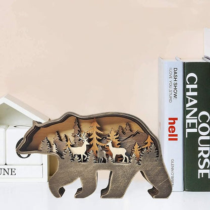 Wooden Bear Art Decor Brown Bear Figurine Rustic Home Shelf Desktop Creative Decorations Multi-Layer Silhouette Crafts