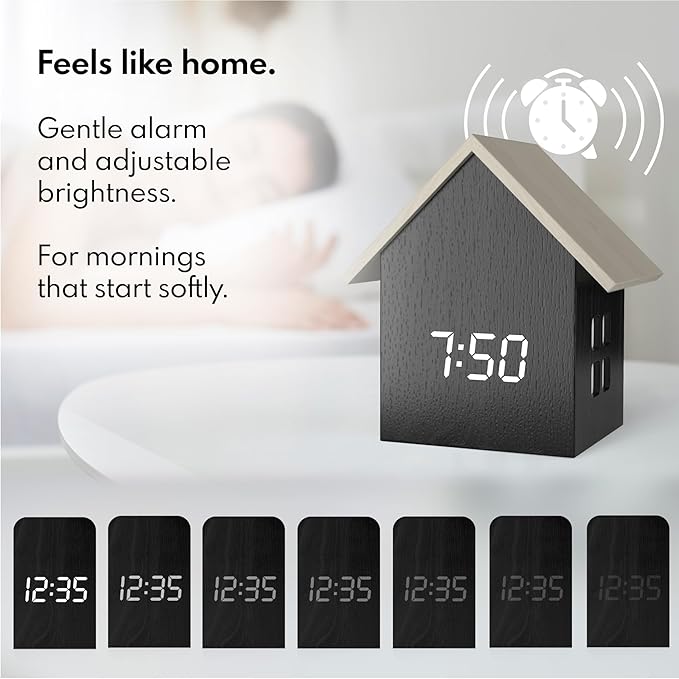 Driini Digital House Shaped Alarm Clock with Temperature Display (Dark Wood) – Modern Aesthetic with Cute Cube Frame and White LED Dimmer - Perfect Small Desk Clock for Bedside Table or Bedroom Mantle