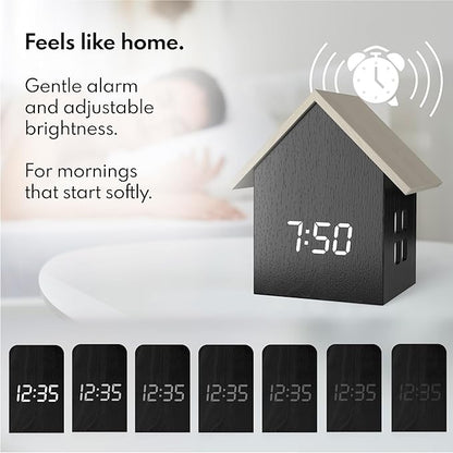 Driini Digital House Shaped Alarm Clock with Temperature Display (Dark Wood) – Modern Aesthetic with Cute Cube Frame and White LED Dimmer - Perfect Small Desk Clock for Bedside Table or Bedroom Mantle