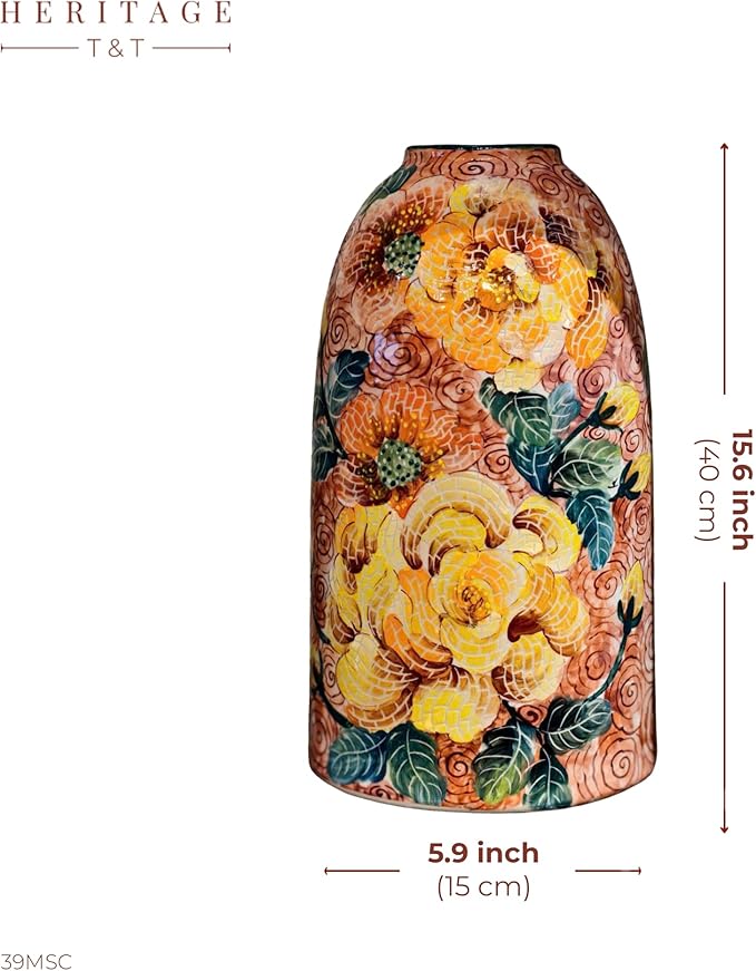 Heritage T&T Handmade Mosaic Ceramic Vase – Flower Design – 40 cm (15.7 in) – Home Décor Mosaic Collection – Bat Trang Vietnam