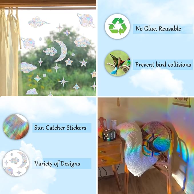 60 Pieces Star Moon Sun Catcher Window Clings for Glass Windows, Anti-Collision Stickers Star Moon Decals Prevent Bird Strikes, Cloud Planet Rainbow Prismatic Clings Non Adhesive Window Deco