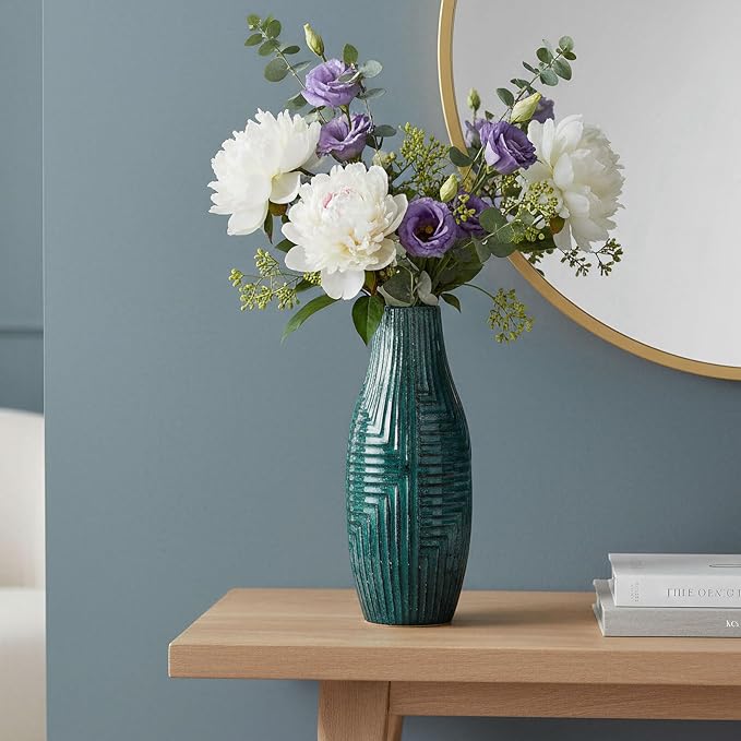 hjn Teal Hand-Glazed Ceramic Vase - 13.8" H Modern Decorative Centerpiece Vase for Fresh/Dried Flowers, Home Decor for Living Room Bookshelf Mantel | Wedding Housewarming Gift