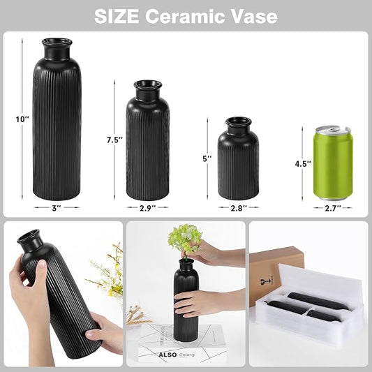 Small Black Ceramic Vase Set of 3, Boho Modern Black Flower Vase Room Decor, Farmhouse Decor, Vases for Your Kitchen, Bathroom, Bedroom, Living Room, Office&Shelf Centerpiece Table Decorations