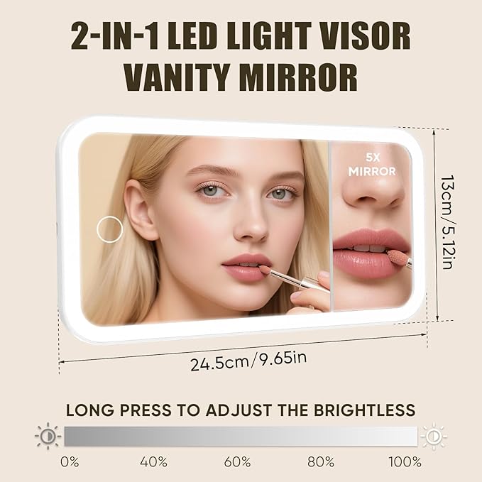 LED Car Sun Visor Vanity Mirror, 3 Light Modes & 5x Magnification Small Glass, Car Accessories Essentials for Women, Rechargeable Dimmable Touch Control Travel Makeup Mirror for Truck SUV（White）