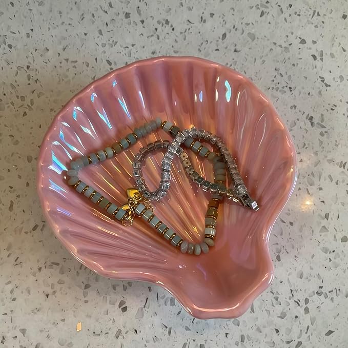 3.9" Shell-Shaped Ceramic Ring Dish - Pink Iridescent Surface Jewelry Tray, Decorative Trinket Organizer for Rings, Earrings, Necklaces & Keys - Ideal for Mom, Friend, Sister