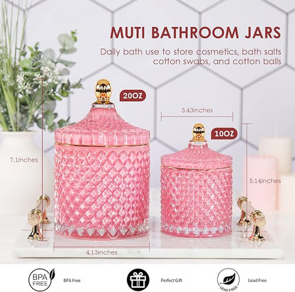 2 Pack Glass Qtip Holder Apothecary Jars Bathroom Jars with Lids for Room Decor, Pink Bathroom Accessories Storage Organizer, Cotton Ball Pad Round Swab Holder sets Pink Decor, 20oz+10oz