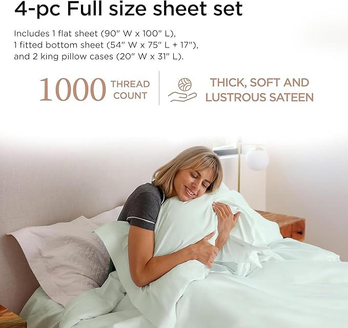 Threadmill Luxury Sheets for Full Size Mattress, 1000 Thread Count Supima Cotton Sheets for Full Mattress, 5-Star Hotel Quality 4 Piece Bed Sheets with Extra Deep Pocket, Seaglass