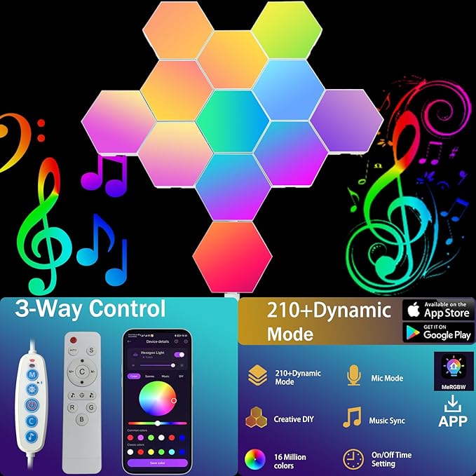 12Pack Hexagon Lights for Wall LED, That Sync with Music, APP & Remote Controls Hex Lights, RGB LED Wall Panels for TV, Bedroom, Living Room, Game Room Decor