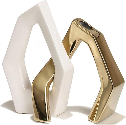 White and Gold Vase Set of 2, Modern Geometric Abstract Ceramic Flower Vase for Centerpieces, TV Stand Decor, Ideal Housewarming or Wedding Gift