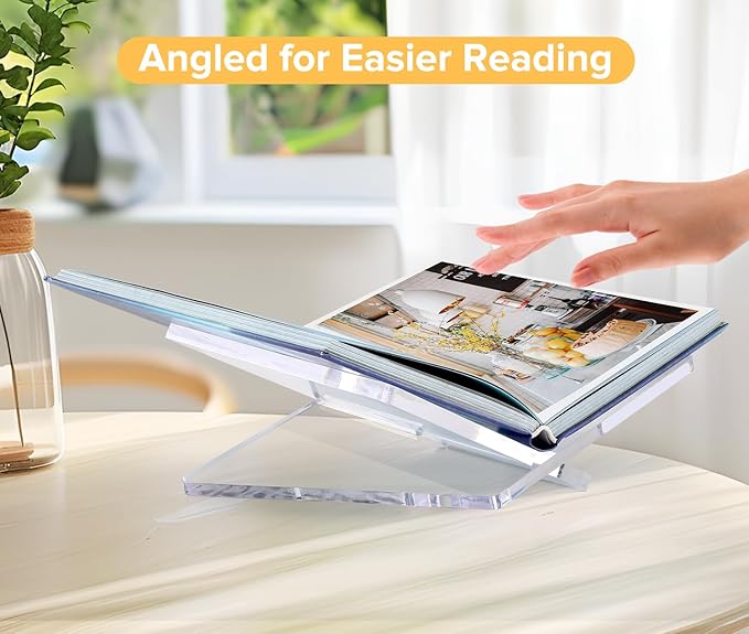 Acrylic Book Stand Clear Acrylic Book Holder, 8.5" x 6.4" x 3.5" Open Book Holder Stand for Display and Reading Cookbooks, Art Books, Bibles, Magazines - Home and Office (Clear, Medium)