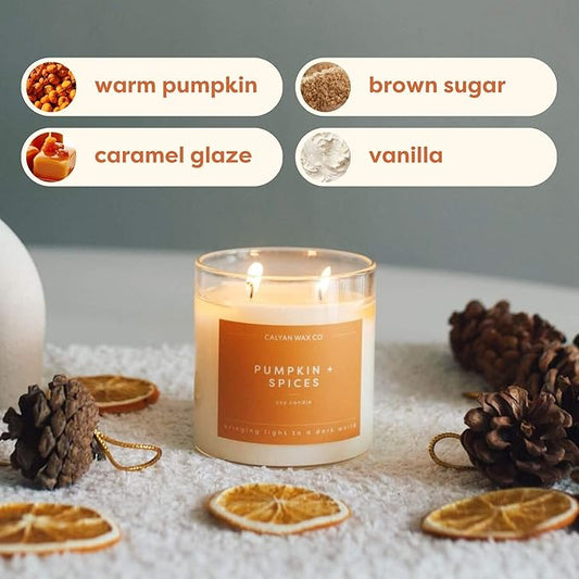 Calyan Wax Co. Pumpkin & Spices 2 Wick Scented Candle - 37 Hour Burn - Luxury Non Toxic Soy Wax Candles - Long Lasting Large Glass Jar Candle for Home - 8.8oz