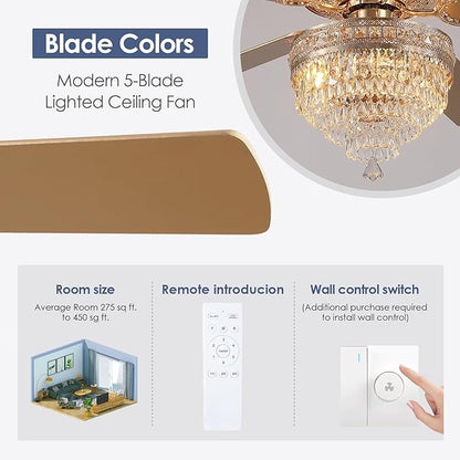 Asyko Crystal Ceiling Fan Fandelier with Lights - 62" Modern Outdoor Fans with Remote Control，Noiseless DC Motor, Retro/Farmhouse Lighting, Dining Room,Living Room (Gold