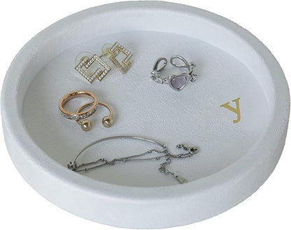 COLLECTIVE HOME - Velvet Jewelry Tray, 6" Monogrammed Jewelry Dish, Smooth Velour Display Dish for Rings, Earrings, Necklaces, Makeup, Personalized Gifts for Women (White-y)