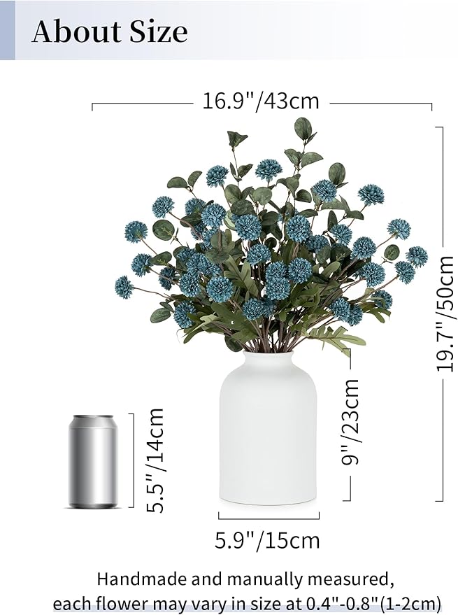 BLOSMON Blue Flowers Artificial for Decoration: Ceramic Vase with 12 Stems of Dusty Blue Flowers Fake Mums Kiku Eucalyptuses for Home Table Centerpieces - Faux Pom Poms Floral Arrangement Dining Room