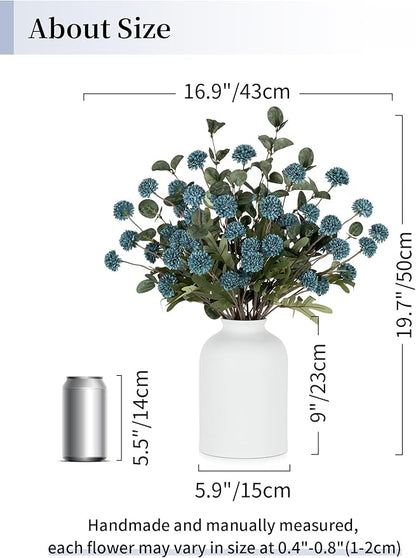 BLOSMON Blue Flowers Artificial for Decoration: Ceramic Vase with 12 Stems of Dusty Blue Flowers Fake Mums Kiku Eucalyptuses for Home Table Centerpieces - Faux Pom Poms Floral Arrangement Dining Room