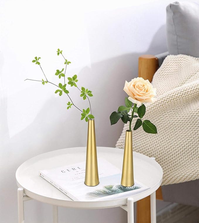 Vixdonos 10.5/8.5 inch Gold Metal Vase Small Dried Flower Vase Set of 2 Taper Vase for Wedding Table Centerpiece Decorations, Home Decor (Gold)