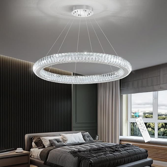 Modern Ring Chandelier LED Dimmable Living Room Chanderliers Entryway High Ceiling Crystal Ring Pendant Lights for Dining Room Bedroom Silver Interior Light