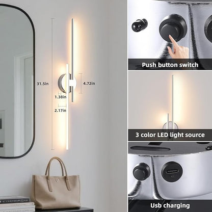 Wireless Battery Operated Wall Sconces with Remote, USB Rechargeable Led Wall Lights, 3000K-6000K Chrome wall sconces for Bedroom, Hallway, Living Room. Chrome 31.4-Inch Wall Light Set of Two