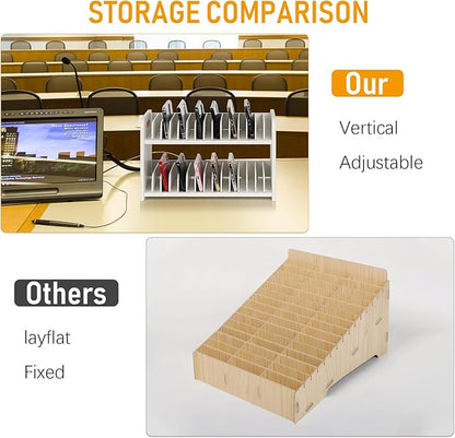 Cell Phone Storage Classroom Cell Phone Holder Adjustable Wooden Multiple Rack Caddy Organizer Box for Classroom Office Desktop with 1-30 Number Stickers (30-Grid) (White)
