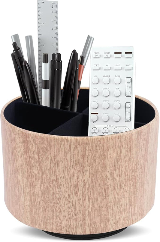 Round Leather Art Supply Organizer,Remote Control Holder,360 Degree Spinning,Multi-Functional Pencil Holder,4 Compartments Desktop Stationary Organizer(1-Thin Wood Yellow)