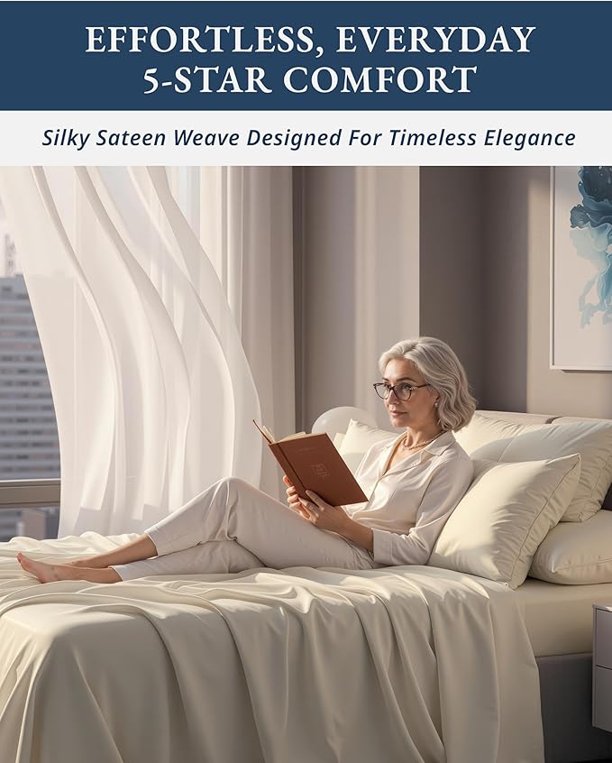 100% Egyptian Cotton Queen Size Bed Sheet set - Naturally Breathable & Durable Winter Comfort Queen Bed Sheets Set, Ultra-Soft Hotel Luxury Comfort with 15" Deep Pocket, Silky Sateen Weave - Ivory