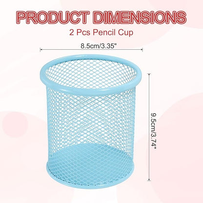uxcell 2Pcs Mesh Pencil Holder, Metal Pen Cup Desk Organizer Makeup Brush Cup Holder for Home, Office, Classroom(Light Blue)