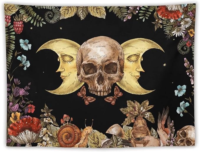 Boho Moon Skull Tapestry,Vintage Sun Moon Hippie Mushroom Floral Plant Tapestries Wall Hanging for Dorm Living Room Bedroom Decor(60"x80")