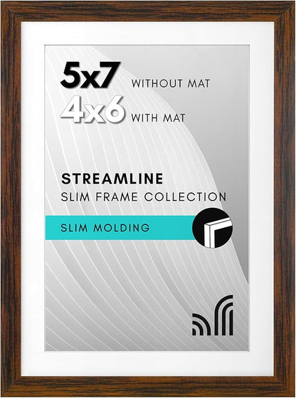 Americanflat 5x7 Picture Frame with Shatter-Resistant Glass - Use as 4x6 Frame with Mat or Display 5x7 Photo Without Mat - Streamline Collection - Picture Frames for Tabletop and Wall - Walnut