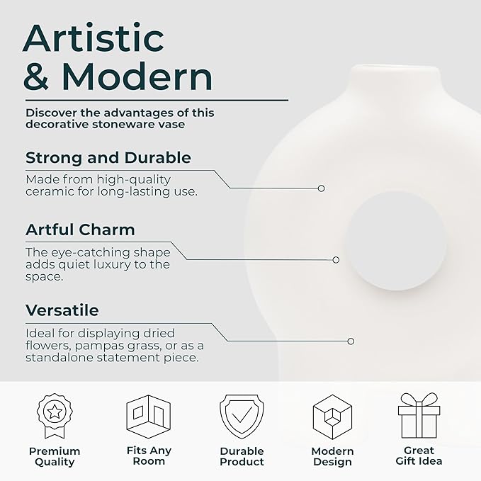 Decorative Flower Vase for Home Decor – Ceramic Modern Flower Vase With Donut Footed Design, Stylish Table Centerpiece for Living Room or Entry Display, Modern for Faux Flowers – 7", White