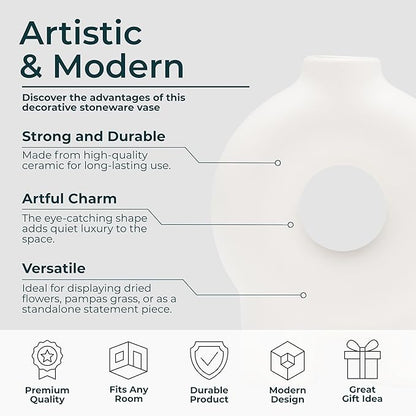Decorative Flower Vase for Home Decor – Ceramic Modern Flower Vase With Donut Footed Design, Stylish Table Centerpiece for Living Room or Entry Display, Modern for Faux Flowers – 7", White