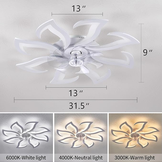 HuixuTe 32" White Modern 8-head Geometric Ceiling Fan with Lights Remote Control, Low Profile Ceiling Fan with Light for Kitchen Bedroom Living Room