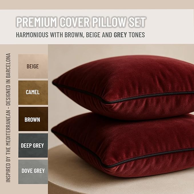 2 Pack Velvet Decorative Throw Pillow Covers, 12"x20", Burgundy, Solid, Modern, Contrast Piping, Indoor Use, Bedroom & Living Room