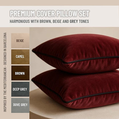 2 Pack Velvet Decorative Throw Pillow Covers, 12"x20", Burgundy, Solid, Modern, Contrast Piping, Indoor Use, Bedroom & Living Room
