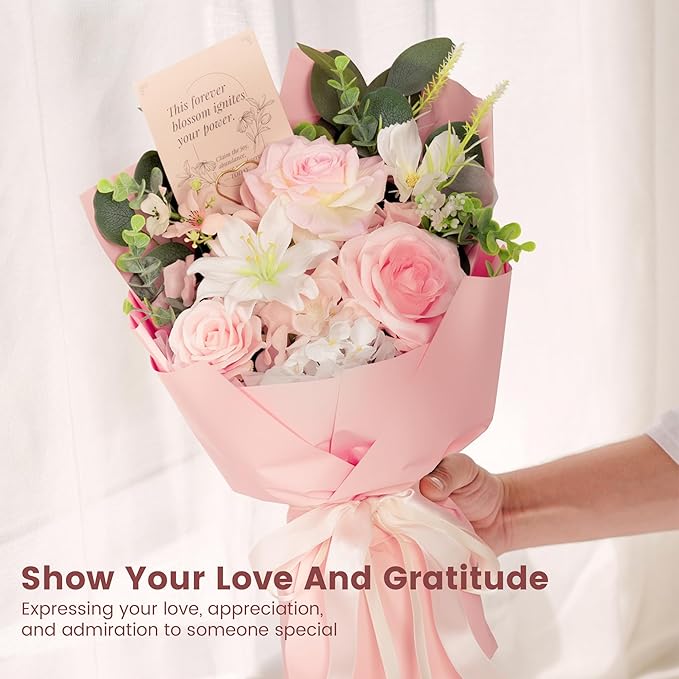 TINGE TIME Preserved Flowers Bouquet, Pink Faux Rose Bouquets, Artificial Flowers, Romantic Faux Flowers, for Valentine Centerpiece Table Home Mother 's Day Holiday Party