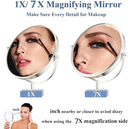Height Adjustable Makeup Mirror 8 Inch Double-Sided 7X Magnification, Black Magnifying Makeup Mirror Round Tabletop Mirror Tall, Countertop Standing Cosmetics Black Finish