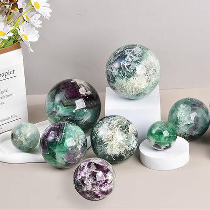 JIC Gem Large Crystal Ball Feather Fluorite Healing Crystals Sphere with Wooden Stand Meditation Home Decor 3.5-4 inch (90-100mm)