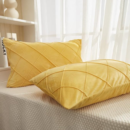 JAUXIO Diamond Pinch Pleated Crystal Velvet Pillowcases 2 Pack Solid Pintuck Throw Cushion Cover for Home Decor Hidden Zipper Closure (Yellow, King)