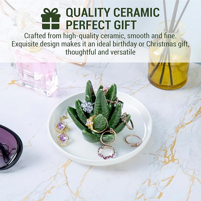 MyGift Decorative White Ceramic Ring Tray for Jewelry, Ring Cone and Trinket Tray with Raised Heart Design (Ceramic Aloe)
