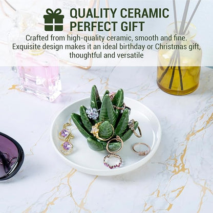 MyGift Decorative White Ceramic Ring Tray for Jewelry, Ring Cone and Trinket Tray with Raised Heart Design (Ceramic Aloe)