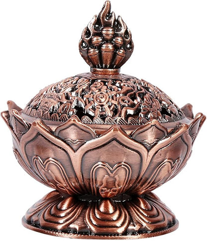 Lotus Incense Holder Lotus Flower Shaped 9 Holes Mini Vintage Incense Cover for Stick and Cone Incense ((Red Bronze))