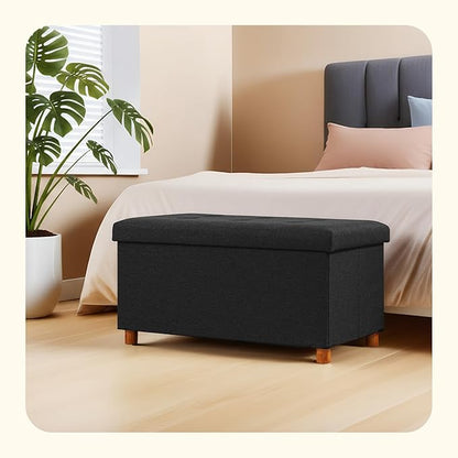 PINPLUS Storage Ottoman Cube, White Linen Footrest with Wooden Legs, Foldable Fabric Footrest, Comfortable Seat with Lid, Ottoman with Storage for Living Room, 30" x 15" x 15"，Black