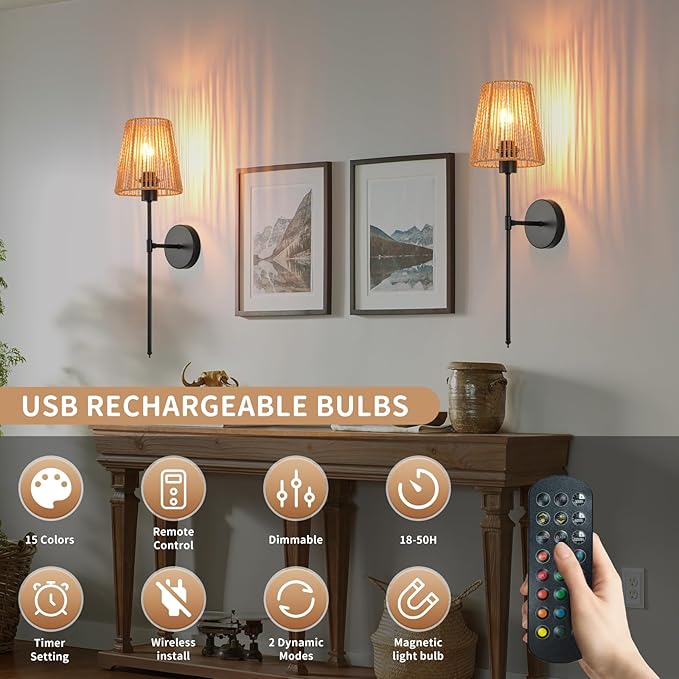 Battery Operated Wall Sconces Set of two, Black Rattan Shade Wireless Wall Lights with Remote Rechargeable Bulbs, 15 Colors and Dimmable, Cordless Battery Powered Wall Lamp for Living Room Bedroom