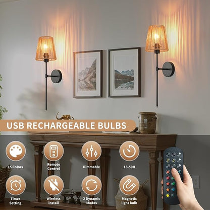 Battery Operated Wall Sconces Set of two, Black Rattan Shade Wireless Wall Lights with Remote Rechargeable Bulbs, 15 Colors and Dimmable, Cordless Battery Powered Wall Lamp for Living Room Bedroom