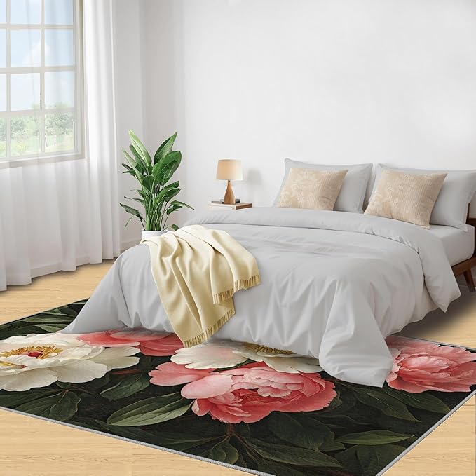 Rustic Flowers Washable Area Rug 6x8, Peony Soft Rugs for Living Room Petals Carpet Area Rugs for Bedroom Dining Room Non-Slip Stain Resistant Rug