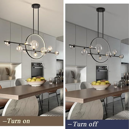 10 Lights Modern Pendant Light Fixtures, 54" Black Dimmable Mid-Century Dining Room Large Bubble Chandeliers, Linear Kitchen Island Lights with Spherical Clear Glass Shade for bar, Cafe